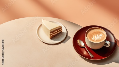  a piece of cake on a plate next to a cup of cappuccino on a saucer with a spoon on a saucer on a round table.
