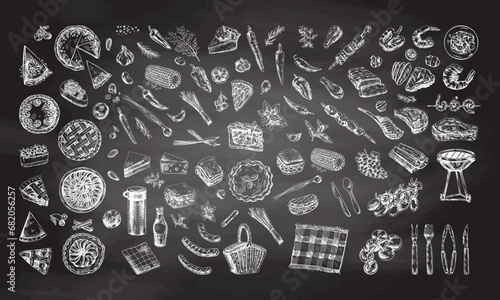 A set of hand-drawn sketches of barbecue and picnic elements on chalkboard background. For the design of the menu of restaurants and cafes, grilled food. Doodle vintage illustration. Engraved image.