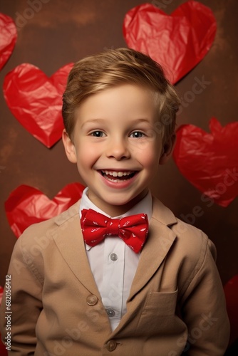 Happy little boy with red hearts on Valentine's Day.