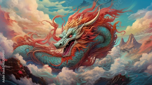 Illustration of a Chinese oriental dragon in the clouds. Symbol of the new year. Tattoo, illustration for printed matter © masyastadnikova