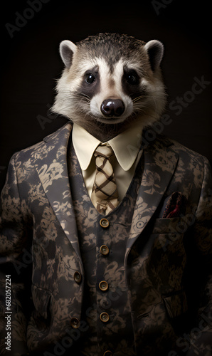 portrait of honey badger dressed in an elegant patterned suit with tie, confident and classy high Fashion portrait of an anthropomorphic animal, posing with a charismatic human attitude