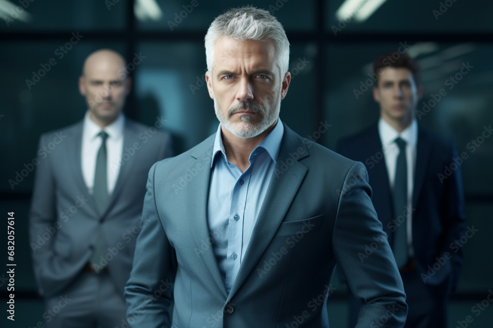 The portrait of a solemn mature businessman in a neat suit standing in front of an employee team in the office room. Generative AI. The portrait of a solemn mature businessman in a neat suit standing in front of an employee team in the office room. Generative AI.