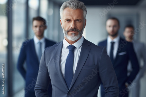 The portrait of a solemn mature businessman in a neat suit standing in front of an employee team in the office room. Generative AI. © Surachetsh