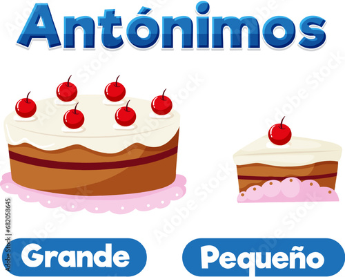 Antonym Word Card: Grande and Pequeño means big and small