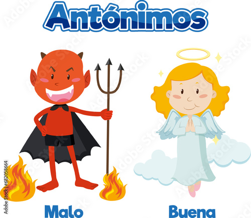 Antonym Word Card: Malo and Buena means bad and good