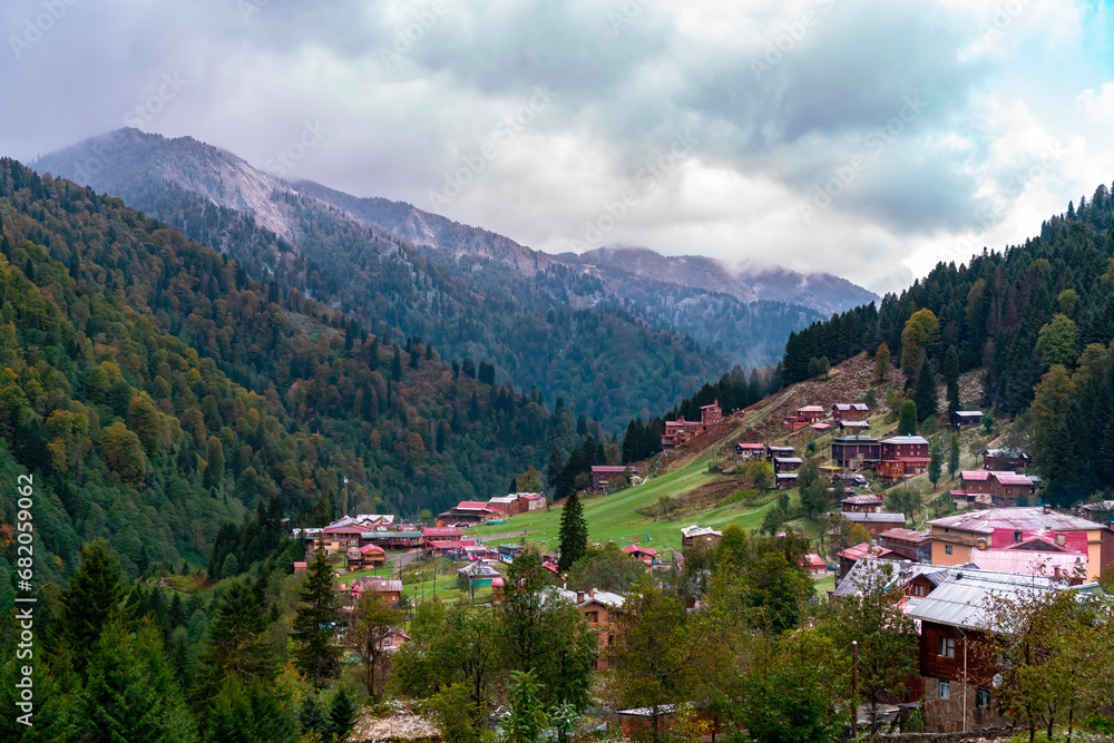Rize Ayder Plateau, nature view. Ayder Plateau is accompanied by the yellowing leaves of the trees in autumn. With its misty air covered with clouds and clean nature.