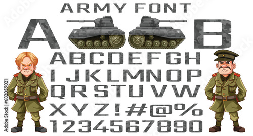 Soldier Cartoon Characters in Camouflage with English Alphabet