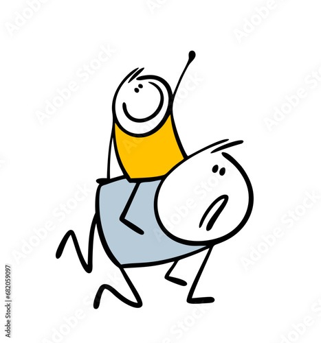 Funny little boy is riding on his father back with delight. Vector illustration of a cartoon stickman crawling on his knees, entertaining his son.