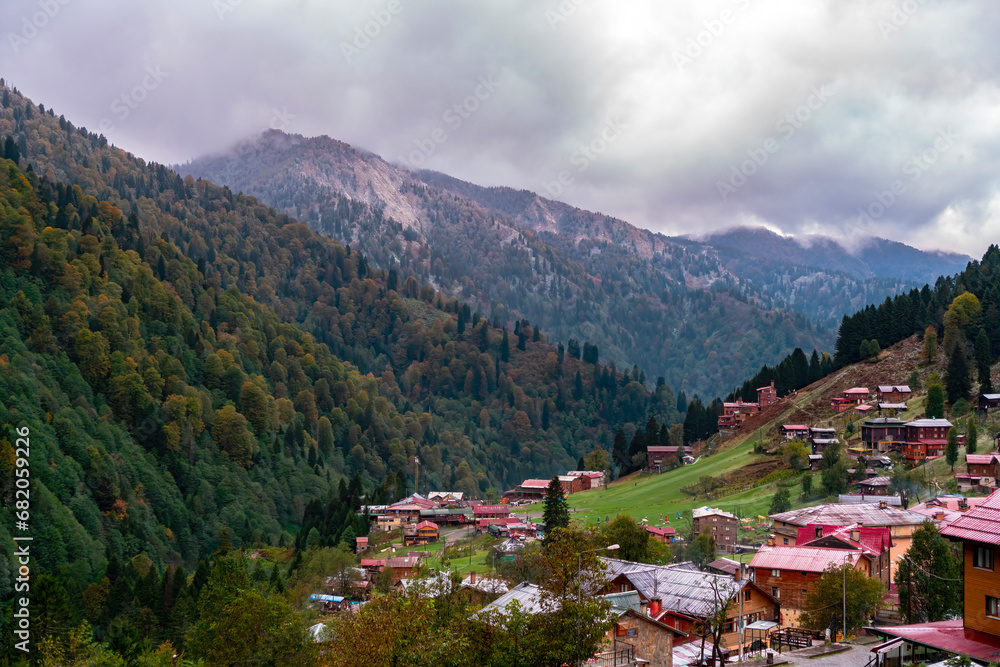 Rize Ayder Plateau, nature view. Ayder Plateau is accompanied by the yellowing leaves of the trees in autumn. With its misty air covered with clouds and clean nature.