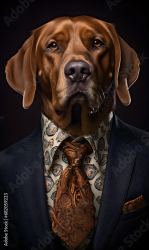 portrait of dog dressed in an elegant patterned suit with tie, confident and classy high Fashion portrait of an anthropomorphic animal, posing with a charismatic human attitude © sam