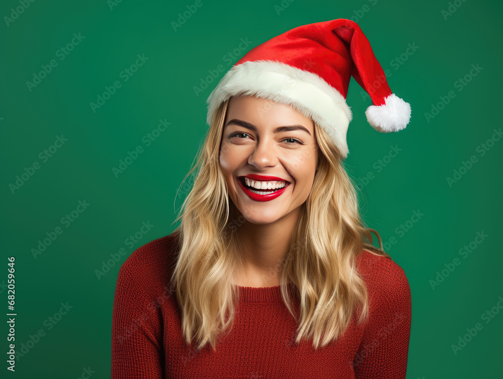 Blonde woman in Santa hat and red sweater on green background Blonde woman in Santa hat and red sweater on green background