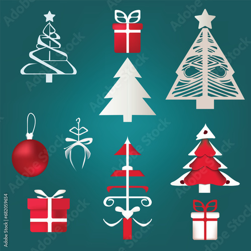 Christmas design elements, vector set, icon, Holidays clipart for Christmas cards, stickers, and print. Xmas icon set, Tree, gift boxes, bows, and bolls. Elements of a Christmas mood on a green  photo