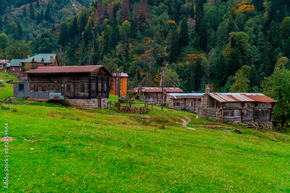 A wooden plateau house integrated with the forest that turns yellow with the autumn season. Plateau houses are made of stone and wood. Old stone houses. Rize, Turkey. A wooden plateau house integrated with the forest that turns yellow with the autumn season. Plateau houses are made of stone and wood. Old stone houses. Rize, Turkey.