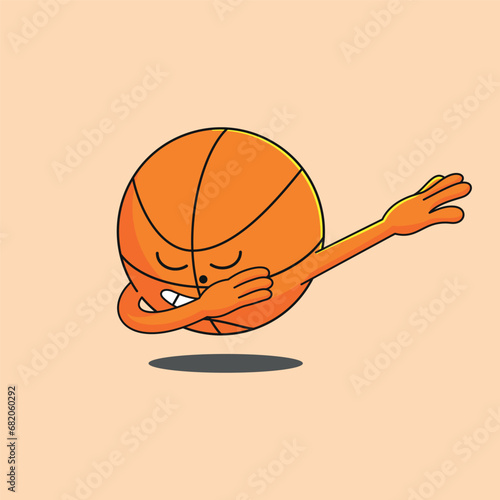 Funny Basketball Cartoon Mascot Character with dab movement and smiling face expression. Cute 
basketball stickers celebration after win the game. Vector illustration on isolated background. 