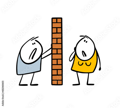 Family is separated by a high brick wall, husband and wife do not understand each other. Vector illustration of psychological problems, need the help of a psychologist