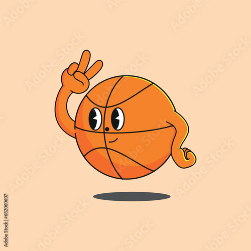Basketball Cartoon Mascot Character with peaceful hands and smiling face expression. Cute basketball sticker celebration after win the game. Vector illustration on isolated background. 