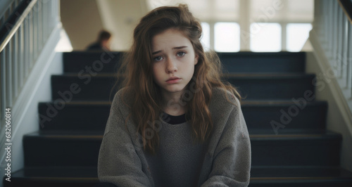 Sad teenage girl sitting on the stairs.
