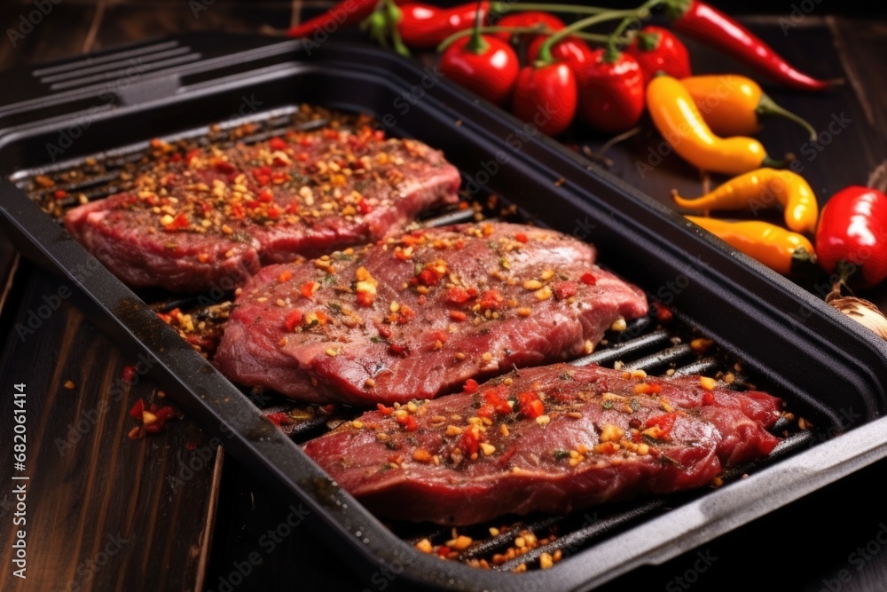 sirloin steak in a grill pan with chili flakes