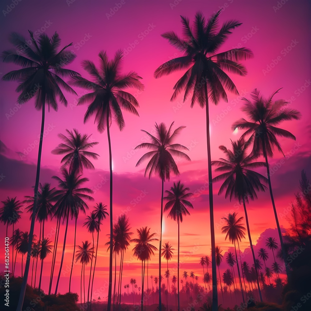 Tall palm trees stand against the pink sunset sky.