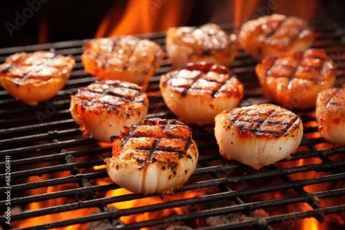 grilled scallops on a grill rack with smoke wafting photo