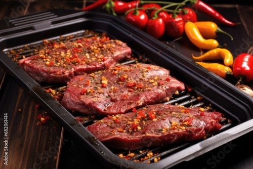 sirloin steak in a grill pan with chili flakes