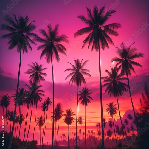 Tall palm trees stand against the pink sunset sky. © wpw