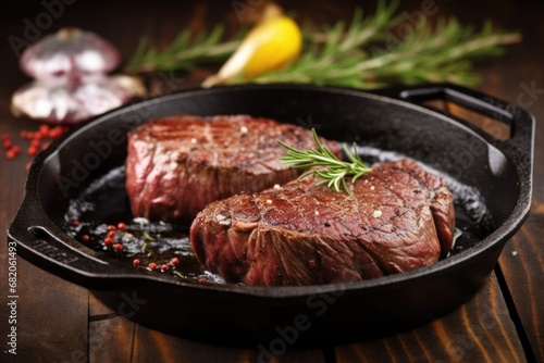 beef steak with charred edges on a cast-iron pan