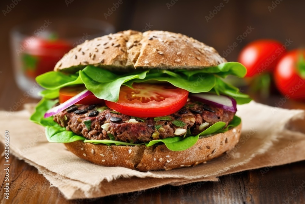 a grilled veggie burger in a wheat bun with lettuce a grilled veggie burger in a wheat bun with lettuce