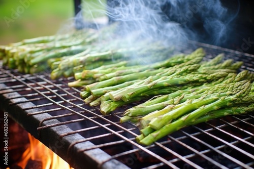 thick asparagus stalks on thin grill wires, smoking
