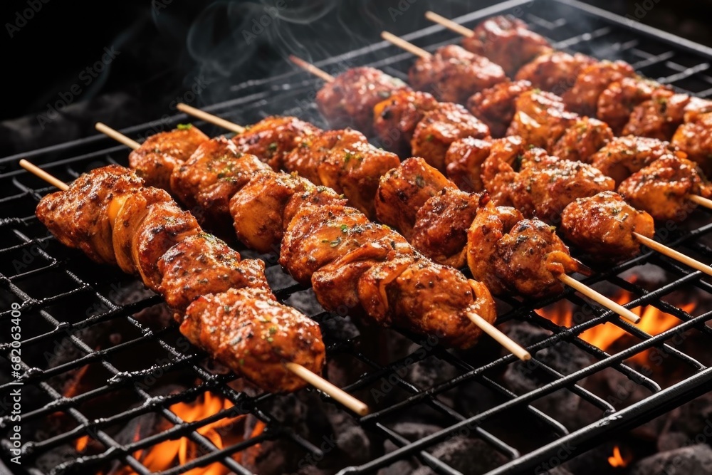 overhead shot of meatball skewers on grill overhead shot of meatball skewers on grill