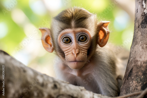 Animal close up portrait of a cute baby macaque monkey climbing on a tree branch, shot outdoors on a sunny day. Generative AI. © Surachetsh