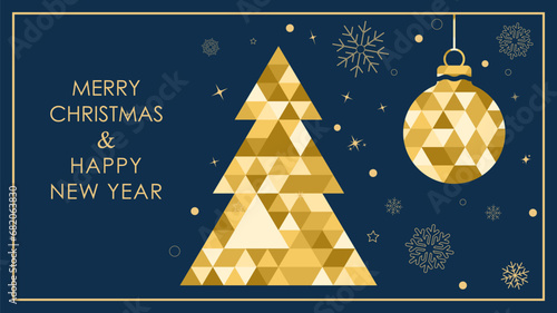 Merry Christmas and happy New Year. Template of a postcard, poster, banner and flyer with a Christmas tree and a festive toy. Minimalistic background for creative design photo