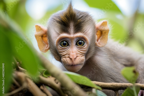 Animal close up portrait of a cute baby macaque monkey climbing on a tree branch, shot outdoors on a sunny day. Generative AI. © Surachetsh