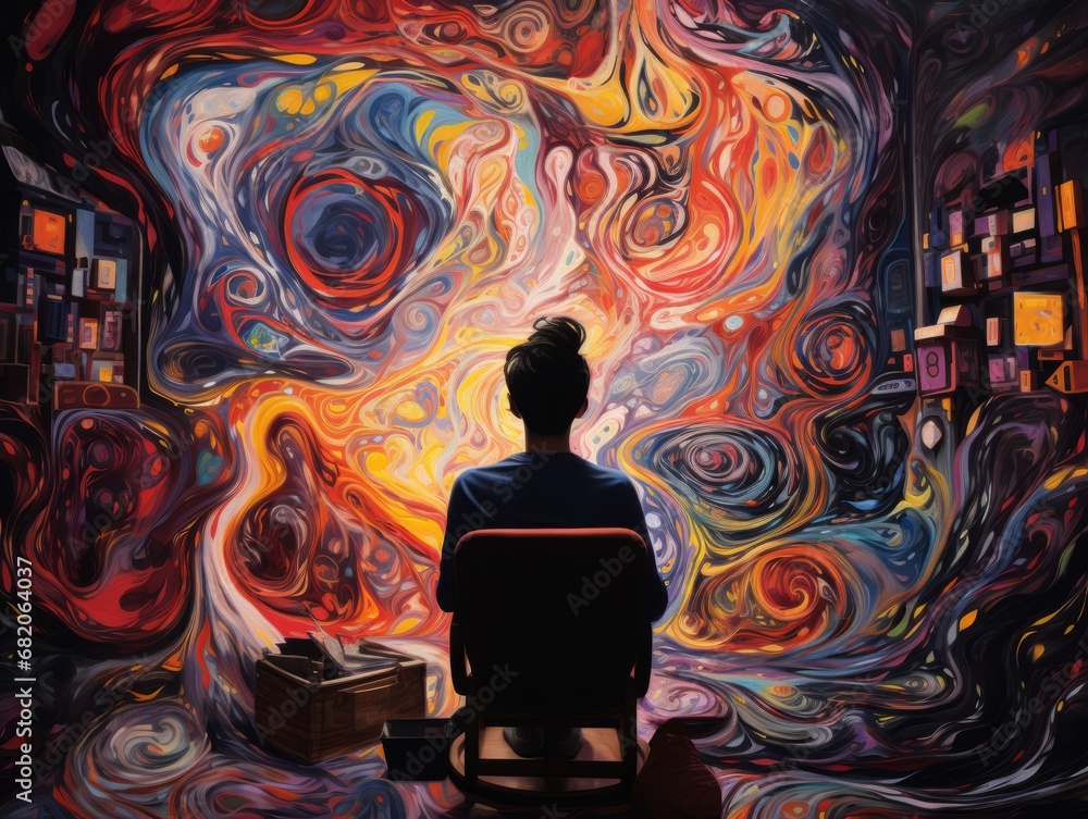 Fototapeta premium Mind's Kaleidoscope: A Figure Amidst Whirling, Vivid Patterns Reflecting Racing and Chaotic Thoughts in a Dimly Lit Space Illustration Generative AI