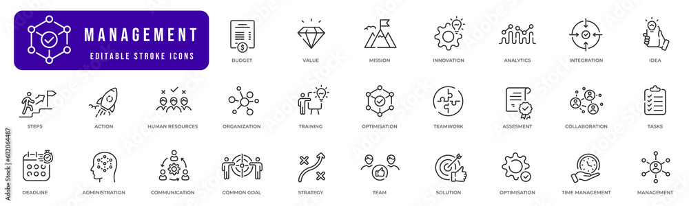 Set of management web icons line style. Schedule, strategy, human resource, management, development, planning etc. Editable stroke