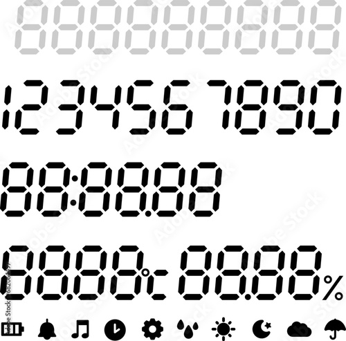 デジタル表示の数字とアイコンのセット（時間、温度、湿度）