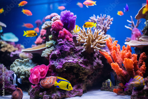 human with coral reef is a vibrant and bustling community of fish, with a wide variety of species and schools, creating a colorful and lively underwater neighborhood