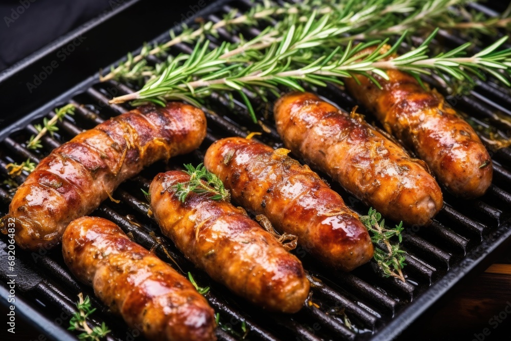 sausage links in grill pan with sprigs of thyme