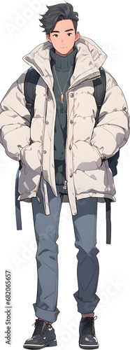 anime style of Asian man in winter outfit
