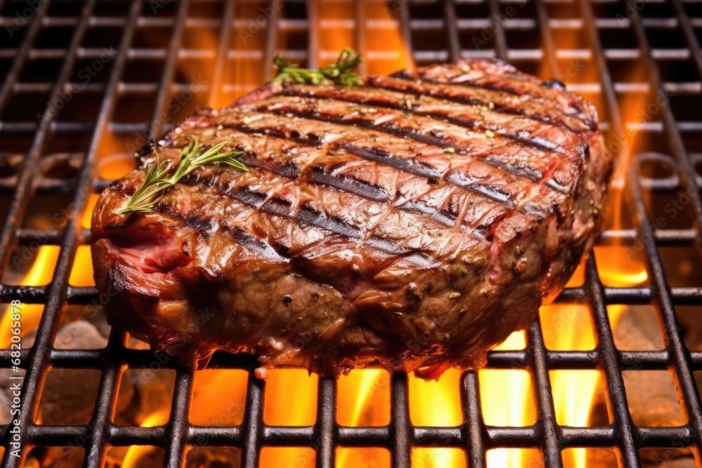 top view of a ribeye steak over intense grill flames