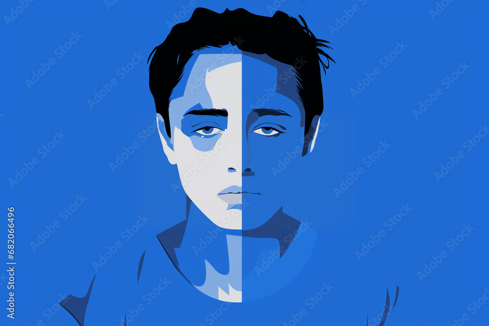 Blue Monday concept , A bored and depressed man's face , illustration, minimalist style