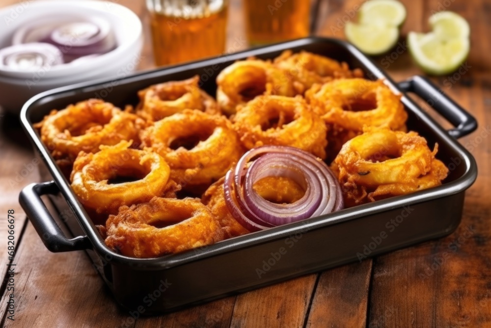 ceramic tray filled with bbq sliders topped with fresh onion rings