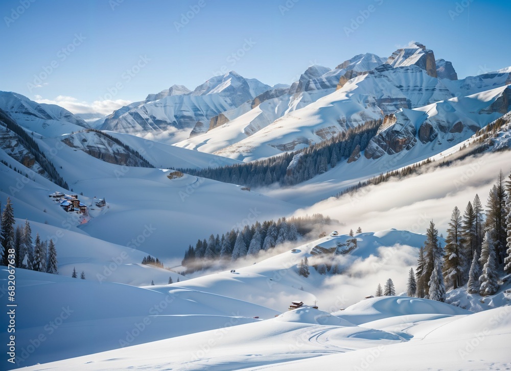 ski resort in the mountains during winter, created using AI generative technology