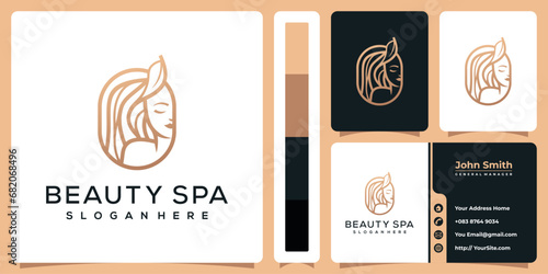 Beauty woman natural line art luxury logo design with business card template