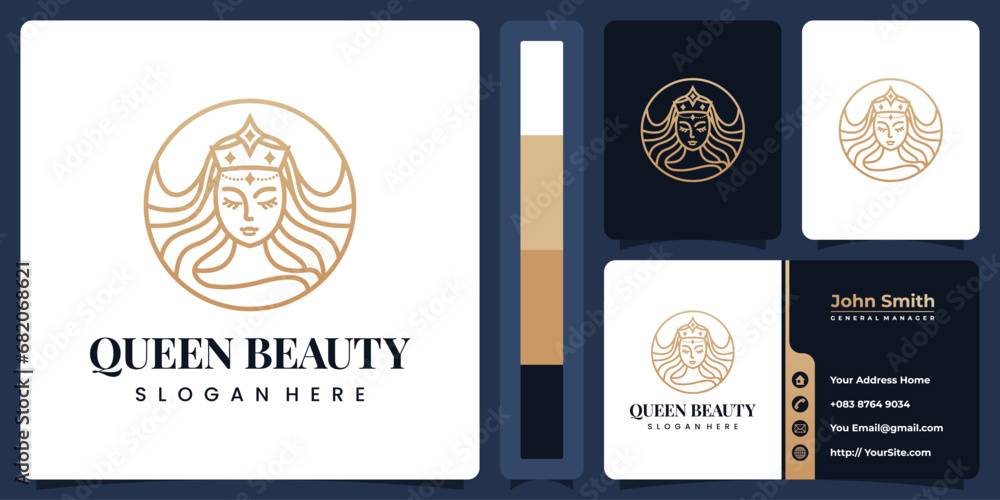 Beauty woman natural line art luxury logo design with business card template