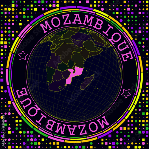 Futuristic Mozambique on globe. Bright neon satellite view of the world centered to Mozambique. Geographical illustration with shape of country and geometric background. Classy vector illustration.