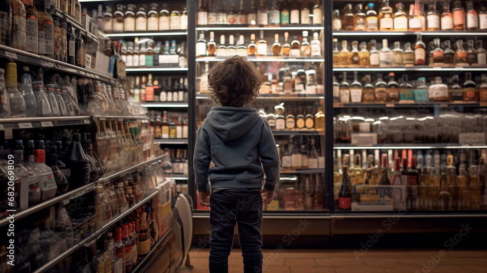 Young boy inside a liquor shop, surrounded by alcohol bottles. Alcohol addiction concept. AI generated