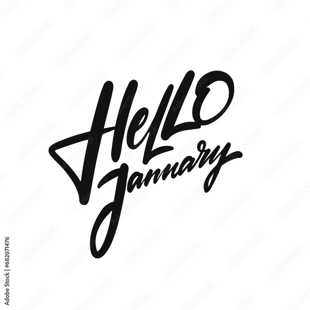 Hello January phrase. Black color calligraphy lettering month name. Hello January phrase. Black color calligraphy lettering month name.