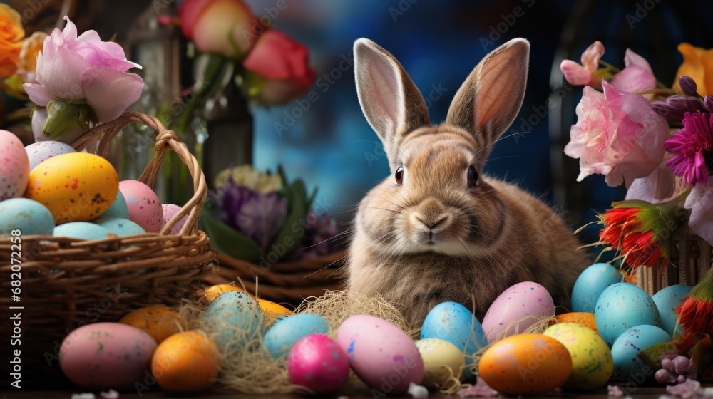 Easter bunnies amidst a colorful array of eggs Easter bunnies amidst a colorful array of eggs