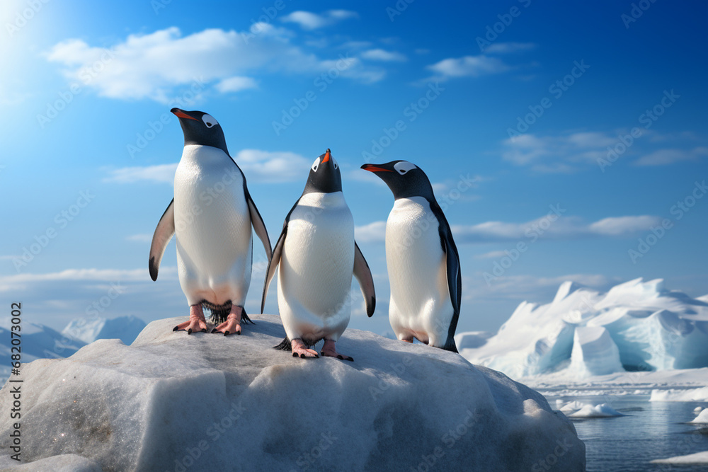 The group shot of a mature Antarctic penguin colony standing on ice rock near glaciers under clear blue sky. Generative AI.